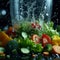 Super slow motion Vegetables smoothly blend in transparent mixer, water swirling