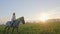 Super slow motion of young girl riding on a horse on the meadow during sunset.