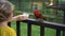 Super slowmotion shot of a mother and son in a bird park feed a group of green and red parrots with a milk