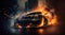 Super sports car drifting in city, luxury racing car in smoke and fire from burning tires. Dynamic racing game wallpaper.