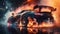 Super sports car drifting in city, luxury racing car in smoke and fire from burning tires. Dynamic racing game wallpaper.