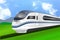 Super streamlined high-speed modern business train. Scenic summer view. Concept railway tourism transportation. Vector