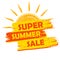 Super summer sale with sun sign, yellow and orange drawn label