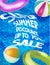 Super summer sale with swimming pool and inflatable toys. View above.