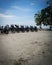 Super Tenere motorcycles parking together by the beach