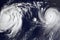 Super typhoon hurricane eye over sea ocean surface natural disaster. Meeting of two tropical storm cyclone with water