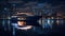 Super Yacht at Night, Cruising Along City Skyline