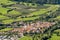 Superb aerial panoramic view of the fortified town of Glurns Glorenza and the apple fields around it, Val Venosta, Italy