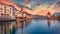 Superb autumn cityscape of Lucerne town with famous old wooden Chapel Bridge