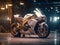 A superbike in the parking lot. In an area that uses cinematic lighting and light sources from a certain direction.