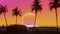 Supercar moving along the ocean side of the road with coconut palm trees in sunset. 3d Synthwave animated background