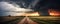 Supercell storm Thunder Tornado on road, wide banner or panorama photo