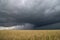 Supercell thunderstorm passes by a dry wheat field, releasing an intense core of rain and hail.