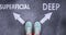 Superficial and deep as different choices in life - pictured as words Superficial, deep on a road to symbolize making decision and