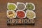 Superfood collection with word in wood type