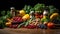 Superfoods on dark background. Healthy nutrition. Holistic medicine approach