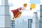 Superhero assistant flies to work with takeaway coffee, business worker vector illustration. Man in cloak move through