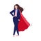 Superhero businesswoman with red hero cape standing in power pose