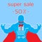 Superhero character sale . Flat design illustration.