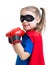 Superhero child wearing boxing gloves