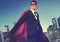 Superhero Costume Businessman Cityscape Concept