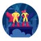 Superhero Couple Man and Woman Wearing Yellow Costumes and Red Cloaks Standing with Arms Akimbo on Building Roof
