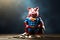 A superhero cute piggy with coins in copy space background. Save money and become a hero concept. Happy mode. Financial stability