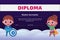 Superhero diploma, children school certificate template. Preschool appreciation girl and boy, child in mask. Heroic