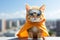 Superhero dog. orange tabby kitty with blue cloak jumping on light blue background