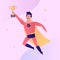 Superhero flies and holds golden goblet. Vector character