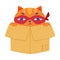 Superhero Ginger Cat Wearing Red Mask and Cape Sitting in Cardboard Box Vector Illustration