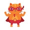 Superhero Ginger Cat Wearing Red Mask and Cape Standing and Showing Muscle Vector Illustration