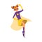 Superhero girl in purple costume and yellow cape flying in super hero power pose.