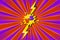 Superhero halftoned background with lightning. Violet and orange versus comic design with yellow flash. Vector