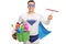 Superhero holding cleaning equipment