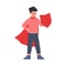Superhero Kid, Cute Brave Boy in Red Cape Standing with Shield Vector Illustration
