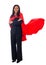 Superhero and leader concept-full length portrait of cheerful asian businesswoman with red hero cape standing with folded arms