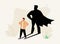 Superhero male as professional strong and brave leader tiny person concept. Everyday human with cape costume in shadow.