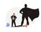 Superhero male as professional strong and brave leader tiny person concept. Everyday human with cape costume in shadow.