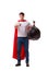 The superhero man with garbage sack isolated on white
