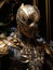 Superhero man in gold mask with golden patterns in the form of web. AI