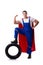 The superhero man with tyre isolated white background