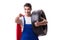 The superhero man with tyre isolated white background