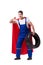 The superhero man with tyre isolated white background