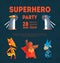 Superhero Party Banner Template with Place for Text, Birthday Celebration Poster with Cute Animals in Superhero Costumes