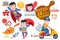 Superhero pizza delivery set of vector illustrations