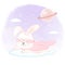 Superhero rabbit on cloud and Saturn hand drawn animal cartoon illustration