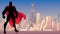 Superhero Standing Tall in City Silhouette