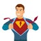 Superhero tearing shirt and wearing costume vector poster illustration