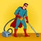 Superhero with vacuum cleaner pop art vector